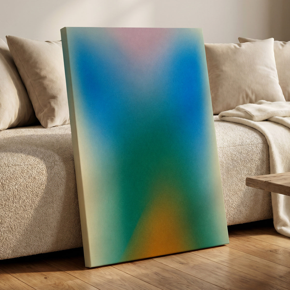 Chromatic Haze, blue, green, pink abstract wall art displayed in a styled interior, gallery view 7