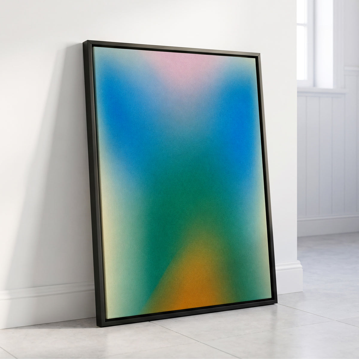 Chromatic Haze, blue, green, pink abstract wall art displayed in a styled interior, gallery view 8