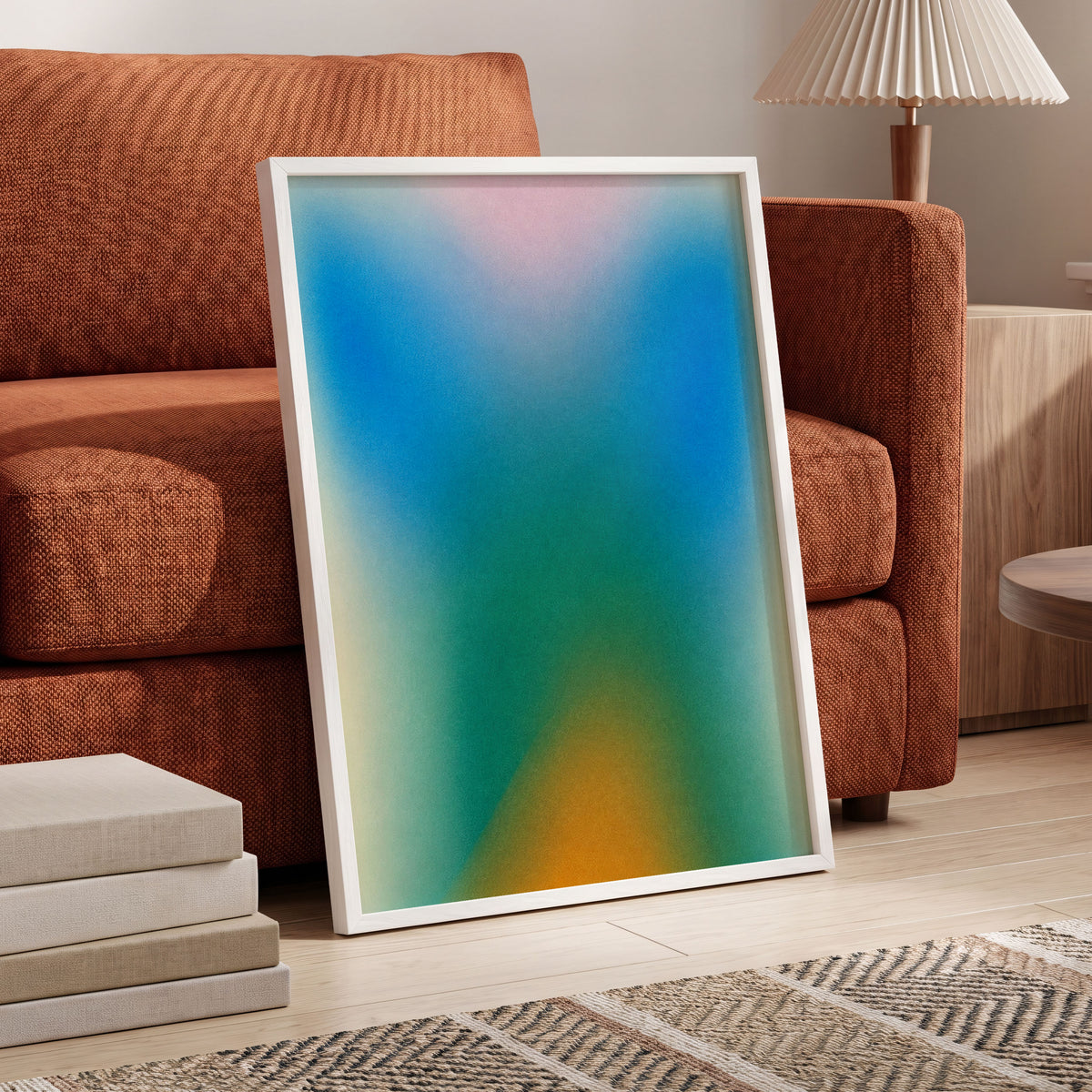 Chromatic Haze, blue, green, pink abstract wall art displayed in a styled interior, gallery view 9