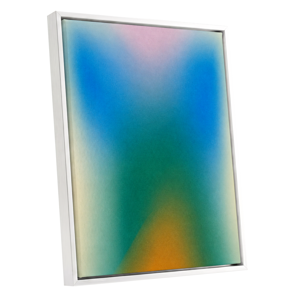 Chromatic Haze, blue, green, pink abstract wall art shown as a white framed canvas wall art