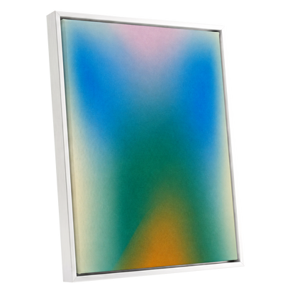 Chromatic Haze, blue, green, pink abstract wall art shown as a white framed canvas wall art