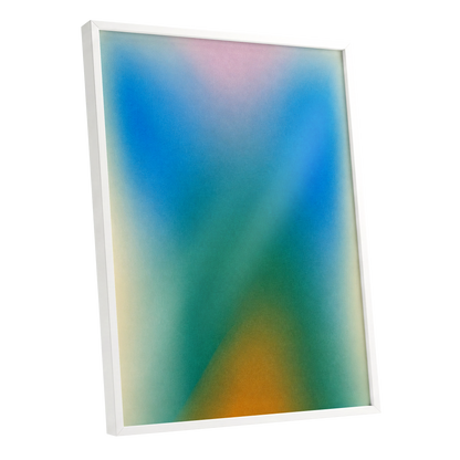 Chromatic Haze, blue, green, pink abstract wall art shown as a white framed poster wall art print