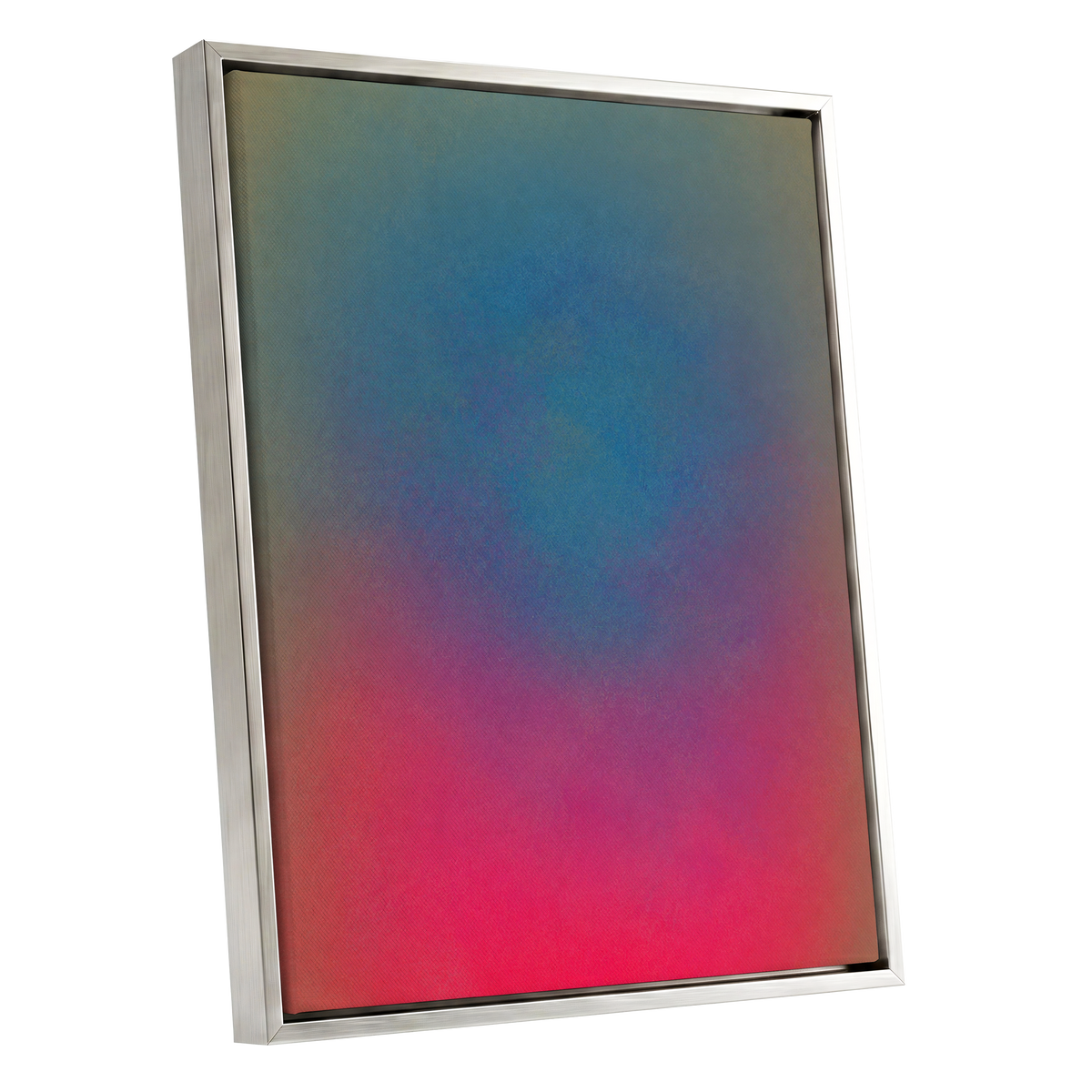 Chromatic Hush, blue, green, purple abstract wall art shown as a silver framed canvas wall art