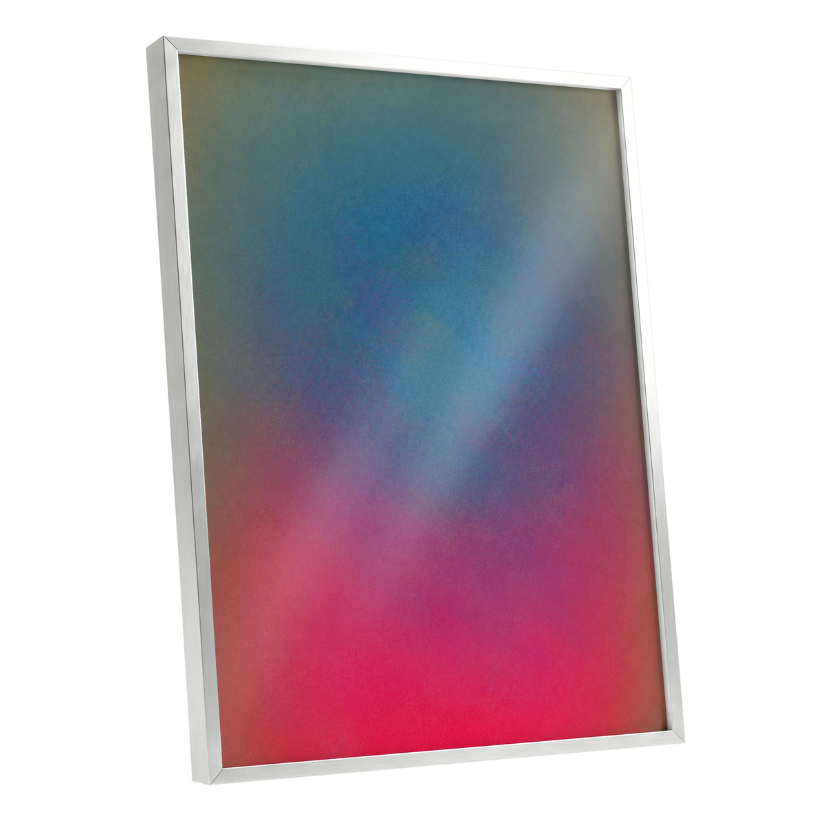 Chromatic Hush, blue, green, purple abstract wall art shown as a silver framed poster wall art print
