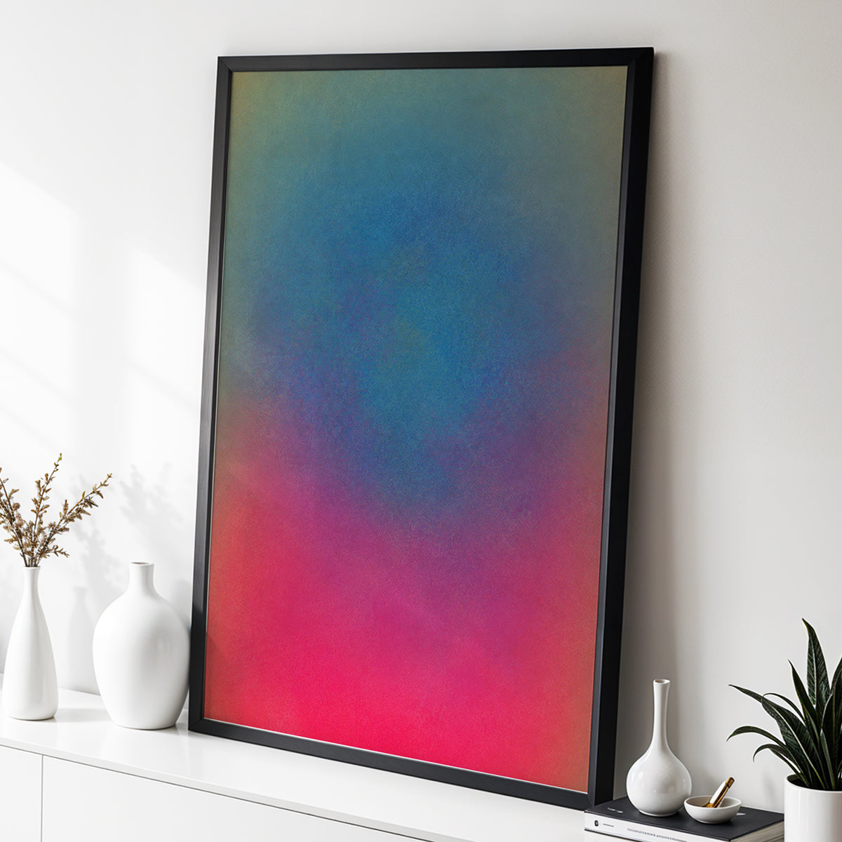 Chromatic Hush, blue, green, purple abstract wall art displayed in a styled interior, gallery view 2