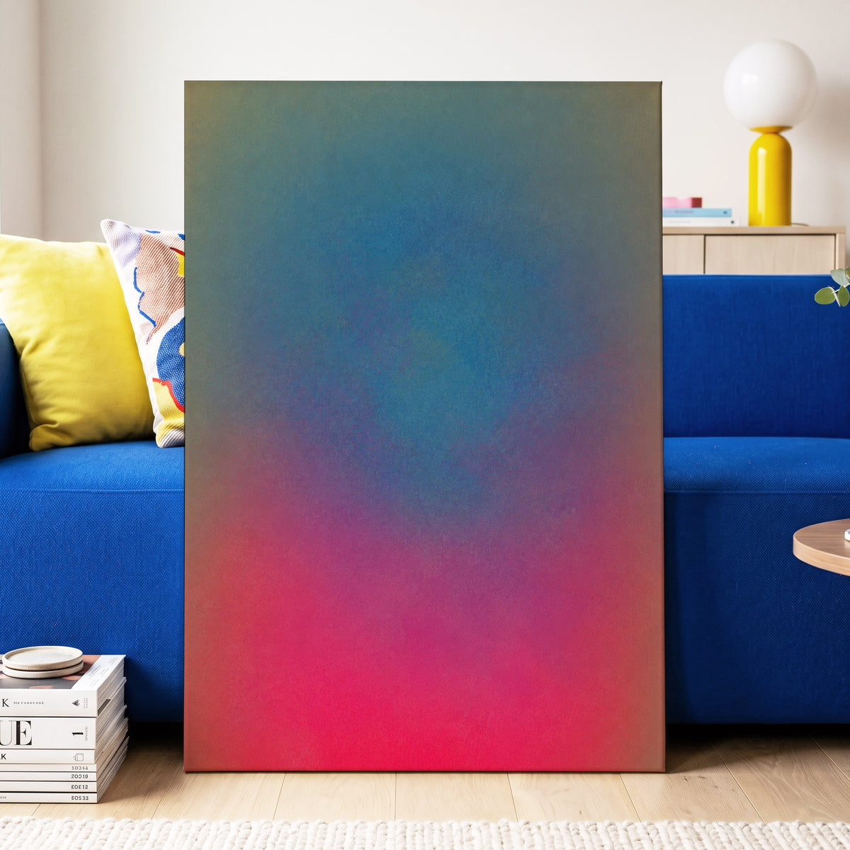 Chromatic Hush, blue, green, purple abstract wall art displayed in a styled interior, gallery view 3