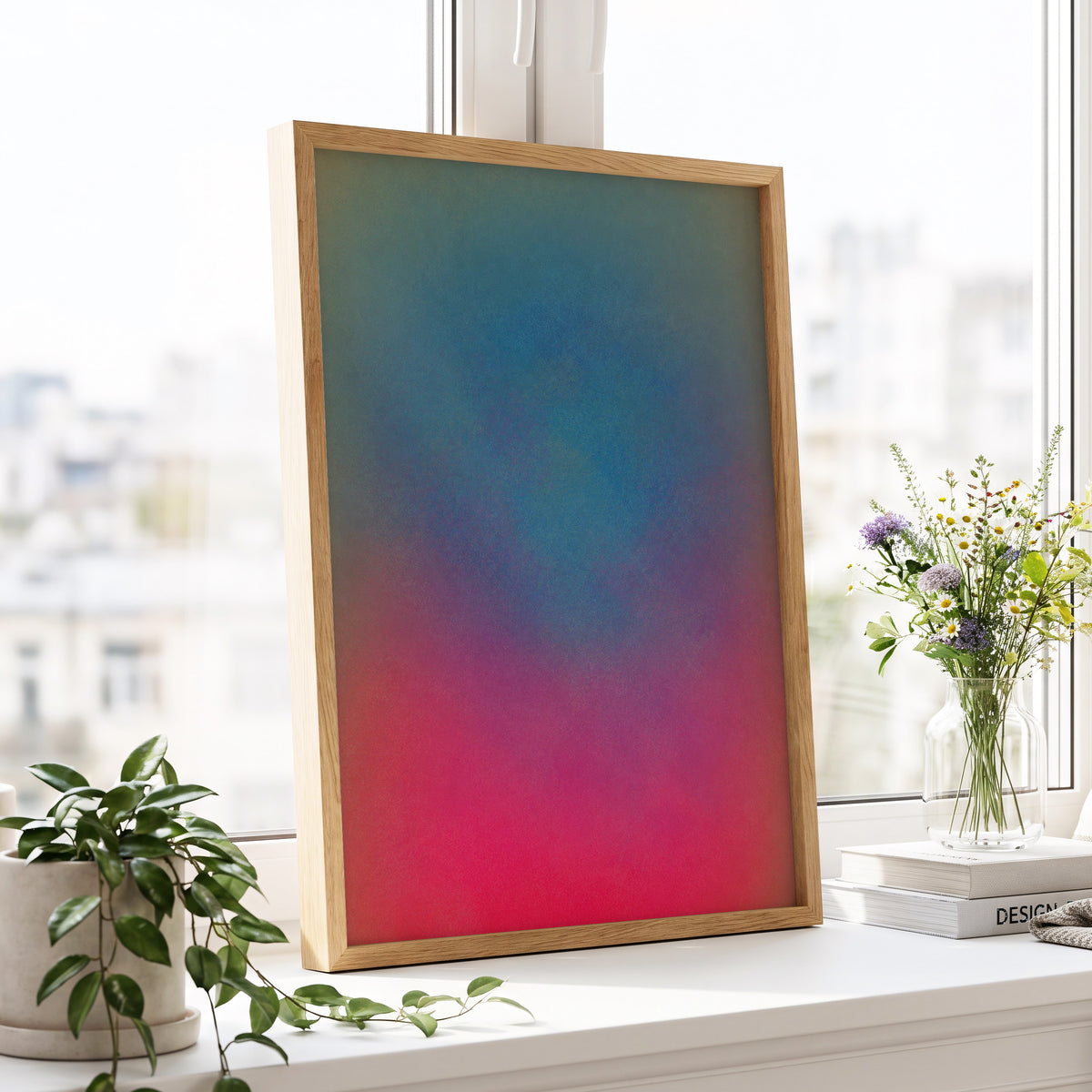 Chromatic Hush, blue, green, purple abstract wall art displayed in a styled interior, gallery view 6
