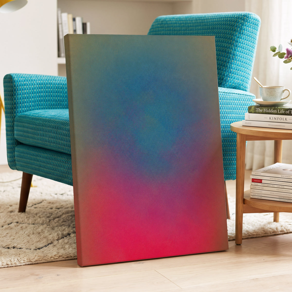 Chromatic Hush, blue, green, purple abstract wall art displayed in a styled interior, gallery view 7