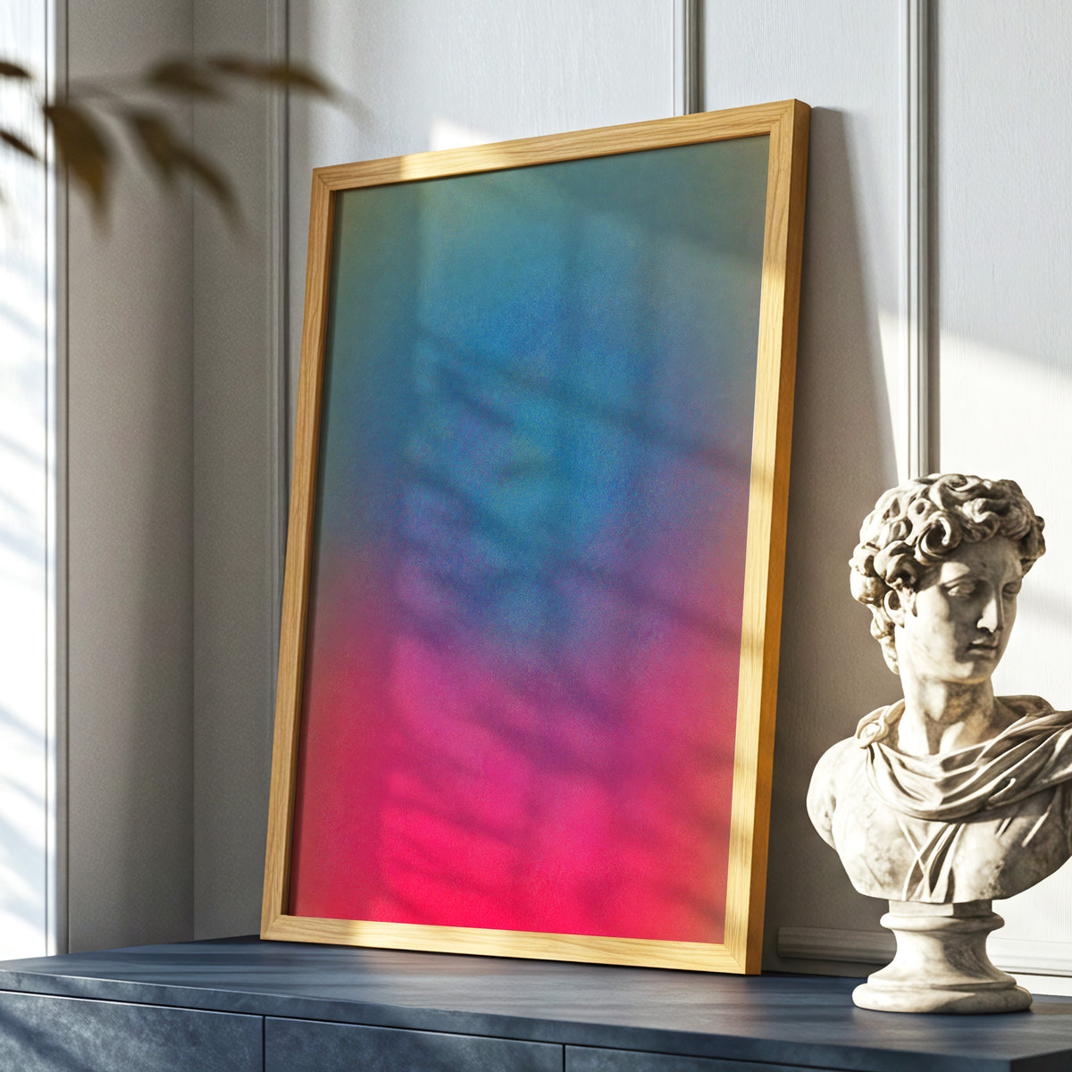 Chromatic Hush, blue, green, purple abstract wall art displayed in a styled interior, gallery view 9
