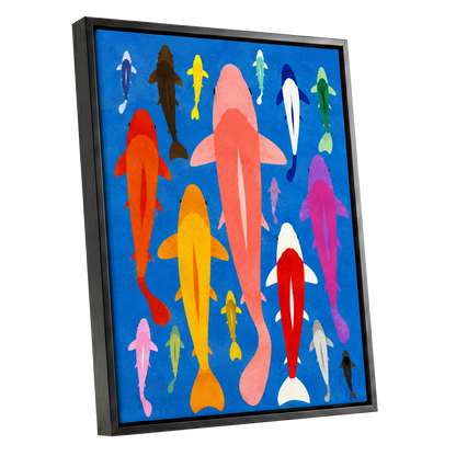 Chromatic Koi Parade, blue, pink, orange nature wall art shown as a black framed canvas wall art