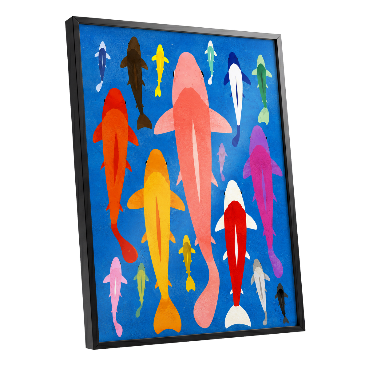 Chromatic Koi Parade, blue, pink, orange nature wall art shown as a black framed poster wall art print