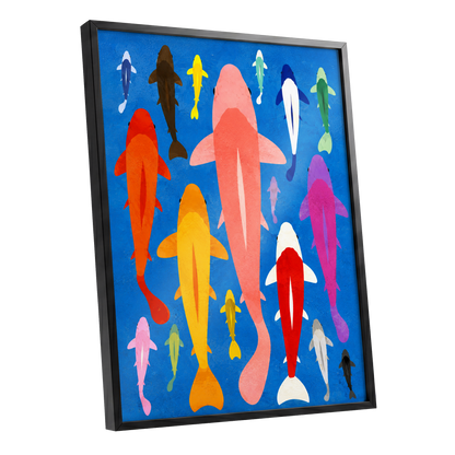 Chromatic Koi Parade, blue, pink, orange nature wall art shown as a black framed poster wall art print