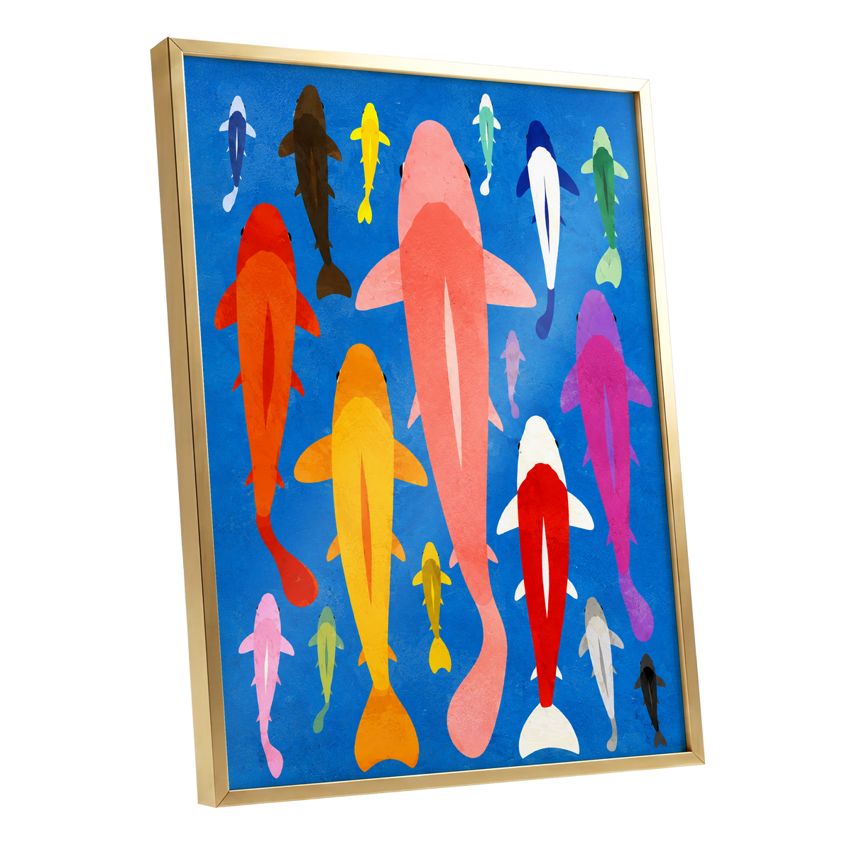 Chromatic Koi Parade, blue, pink, orange nature wall art shown as a gold framed poster wall art print
