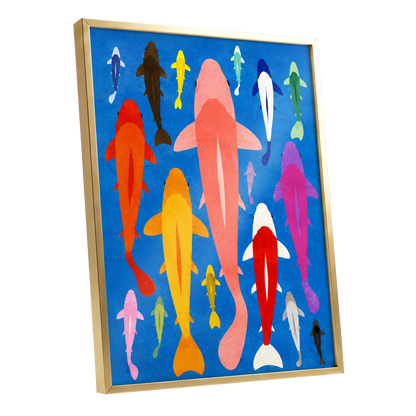 Chromatic Koi Parade, blue, pink, orange nature wall art shown as a gold framed poster wall art print