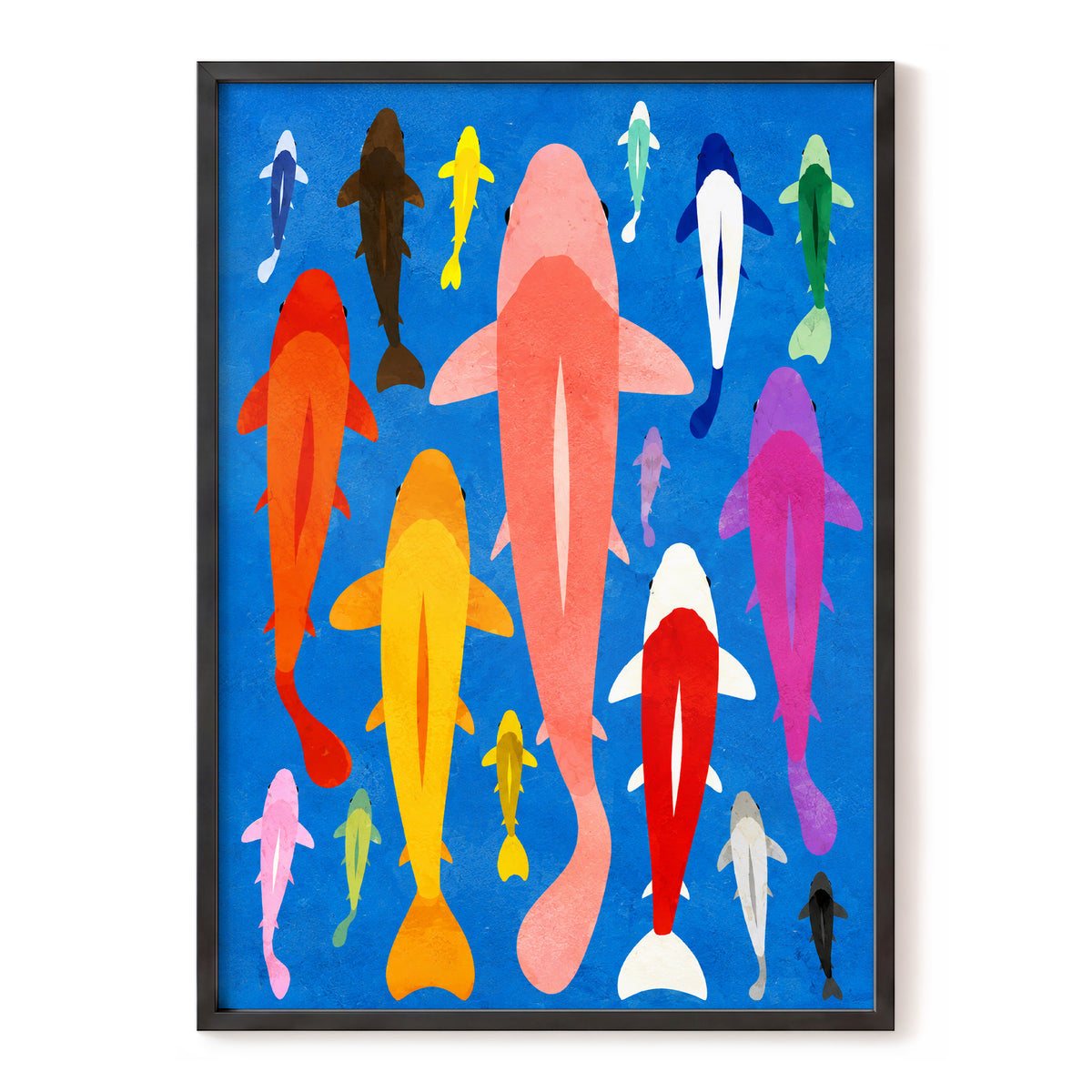 Chromatic Koi Parade, blue, pink, orange nature wall art, front artwork view