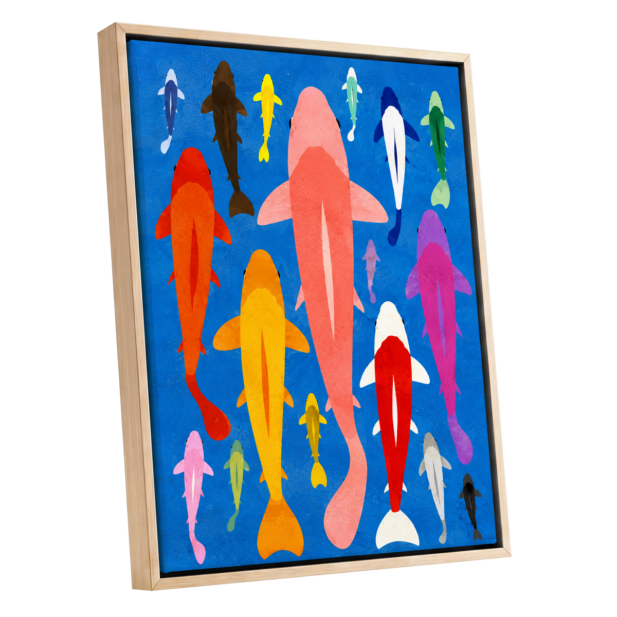 Chromatic Koi Parade, blue, pink, orange nature wall art shown as a oak framed canvas wall art