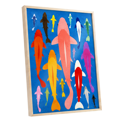 Chromatic Koi Parade, blue, pink, orange nature wall art shown as a oak framed poster wall art print