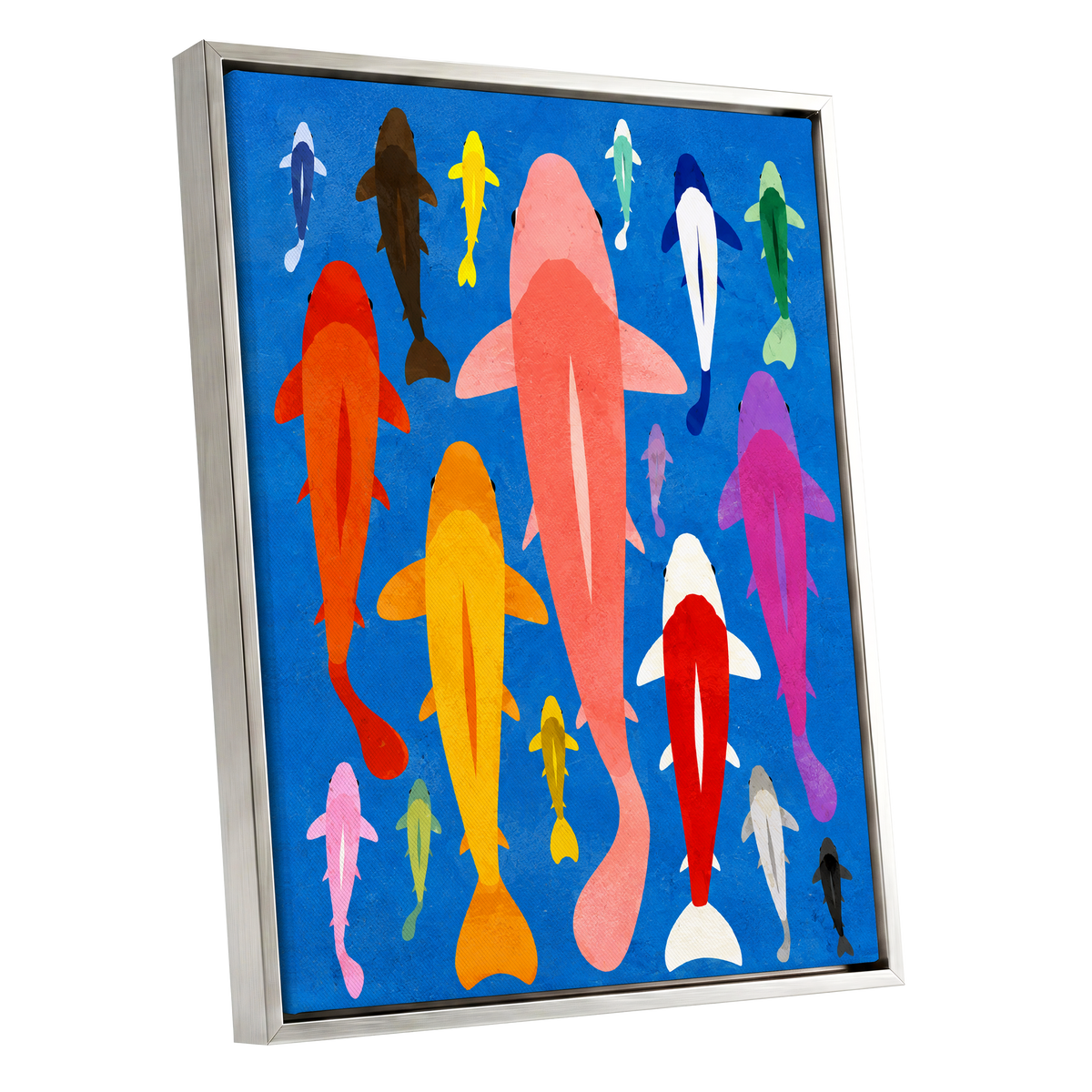 Chromatic Koi Parade, blue, pink, orange nature wall art shown as a silver framed canvas wall art
