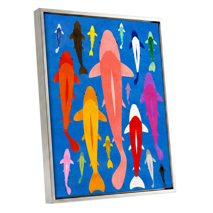 Chromatic Koi Parade, blue, pink, orange nature wall art shown as a silver framed canvas wall art