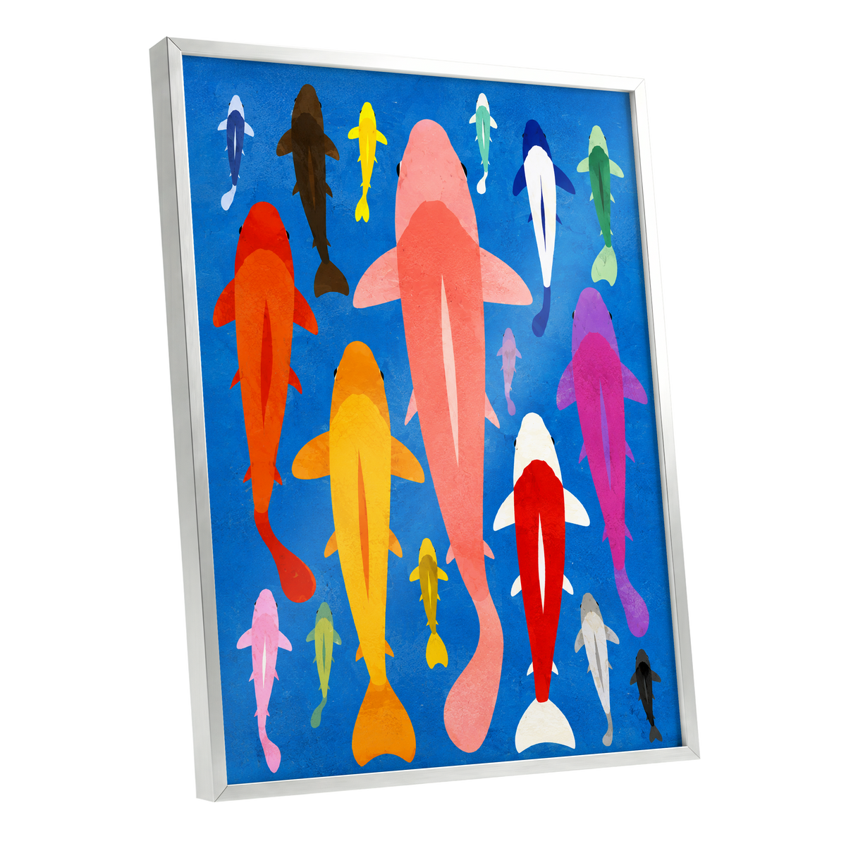 Chromatic Koi Parade, blue, pink, orange nature wall art shown as a silver framed poster wall art print