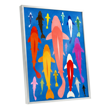 Chromatic Koi Parade, blue, pink, orange nature wall art shown as a silver framed poster wall art print