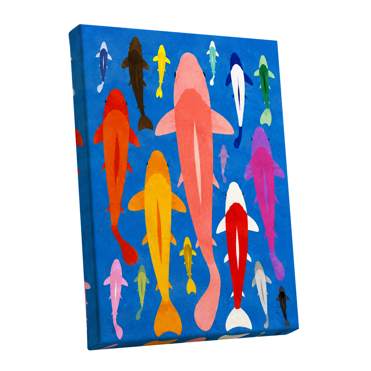 Chromatic Koi Parade, blue, pink, orange nature wall art shown as a stretched canvas wall art