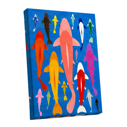 Chromatic Koi Parade, blue, pink, orange nature wall art shown as a stretched canvas wall art