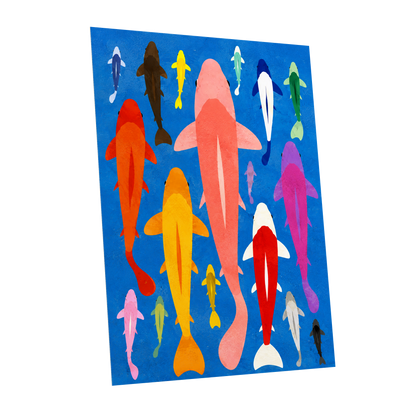 Chromatic Koi Parade, blue, pink, orange nature wall art shown as a unframed poster wall art print