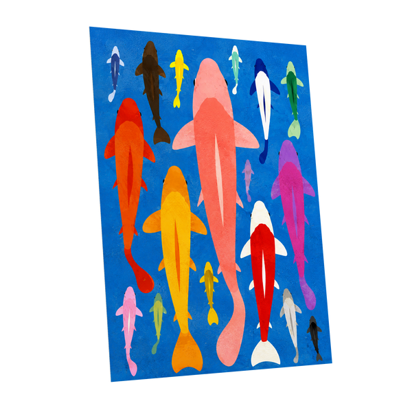 Chromatic Koi Parade, blue, pink, orange nature wall art shown as a unframed poster wall art print