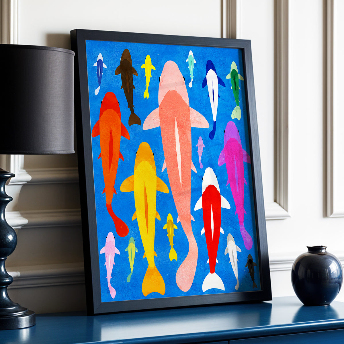 Chromatic Koi Parade, blue, pink, orange nature wall art displayed in a styled interior, gallery view 2