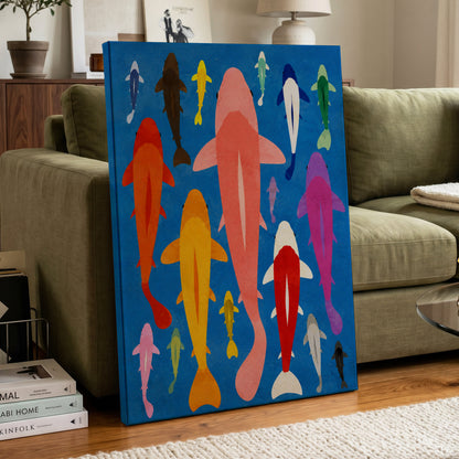 Chromatic Koi Parade, blue, pink, orange nature wall art displayed in a styled interior, gallery view 3