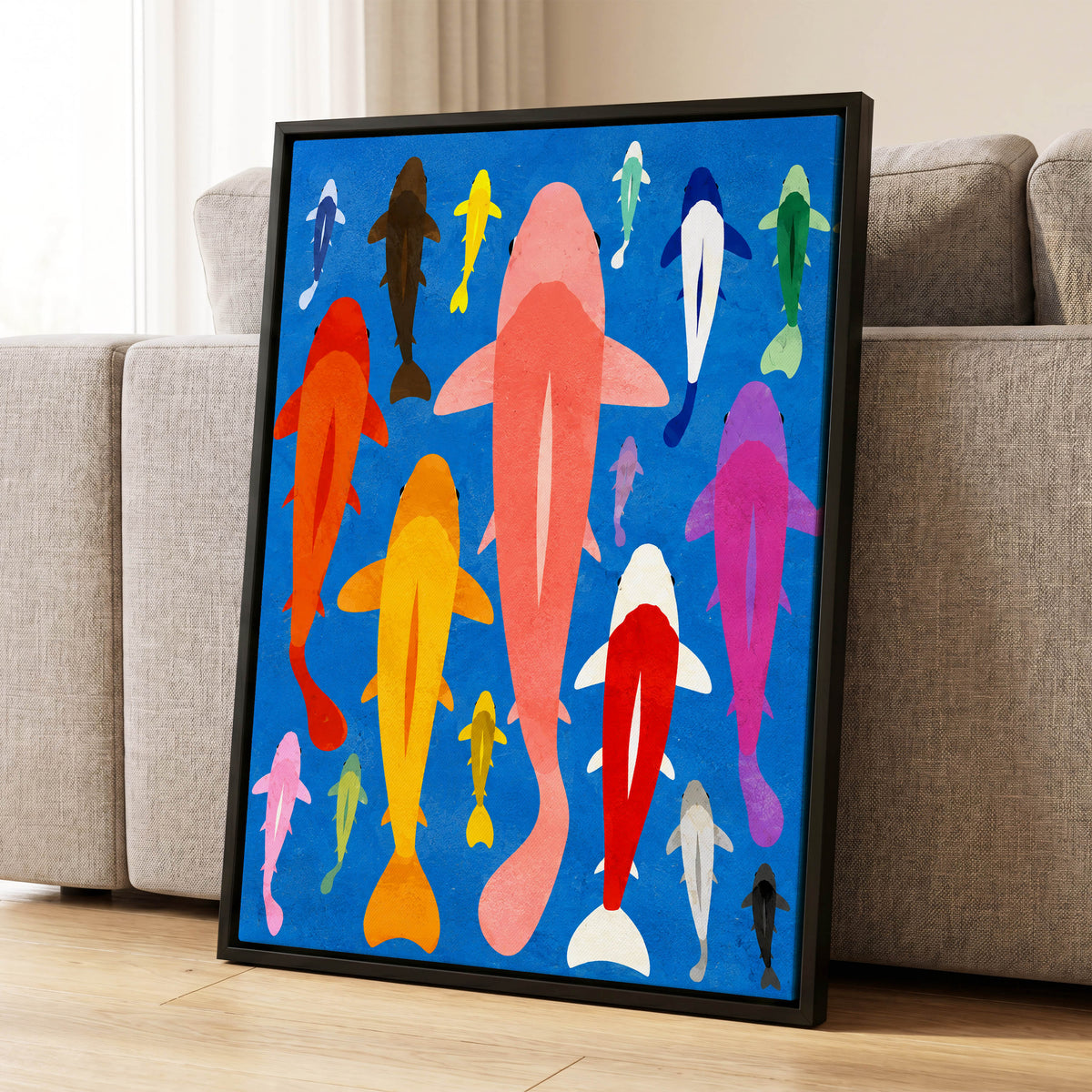 Chromatic Koi Parade, blue, pink, orange nature wall art displayed in a styled interior, gallery view 4