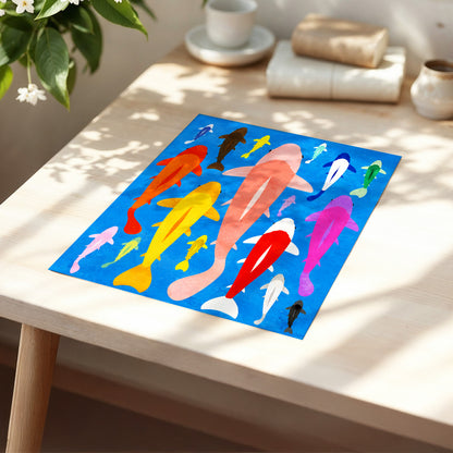 Chromatic Koi Parade, blue, pink, orange nature wall art displayed in a styled interior, gallery view 5