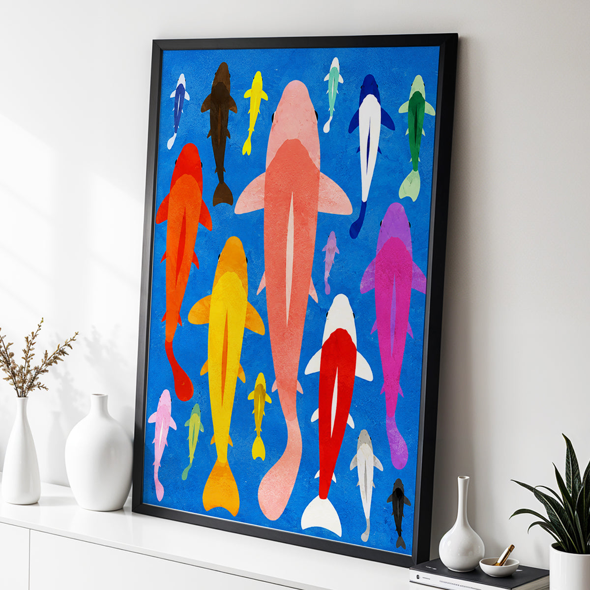Chromatic Koi Parade, blue, pink, orange nature wall art displayed in a styled interior, gallery view 6