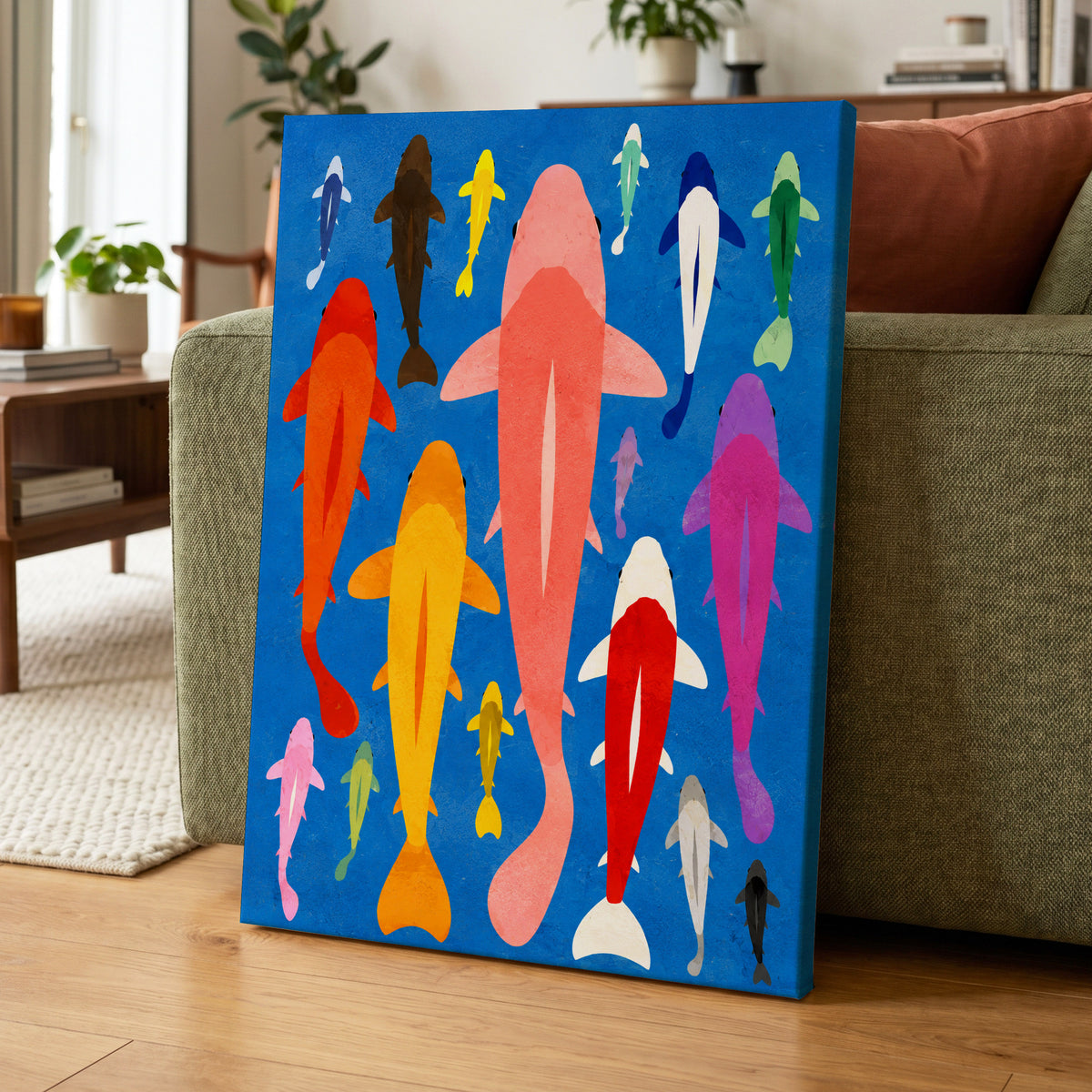 Chromatic Koi Parade, blue, pink, orange nature wall art displayed in a styled interior, gallery view 7
