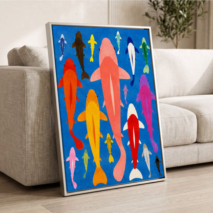 Chromatic Koi Parade, blue, pink, orange nature wall art displayed in a styled interior, gallery view 8