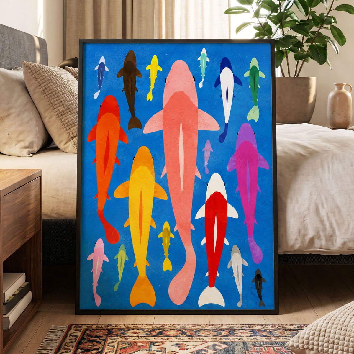 Chromatic Koi Parade, blue, pink, orange nature wall art displayed in a styled interior, gallery view 9