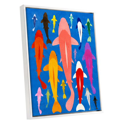 Chromatic Koi Parade, blue, pink, orange nature wall art shown as a white framed canvas wall art
