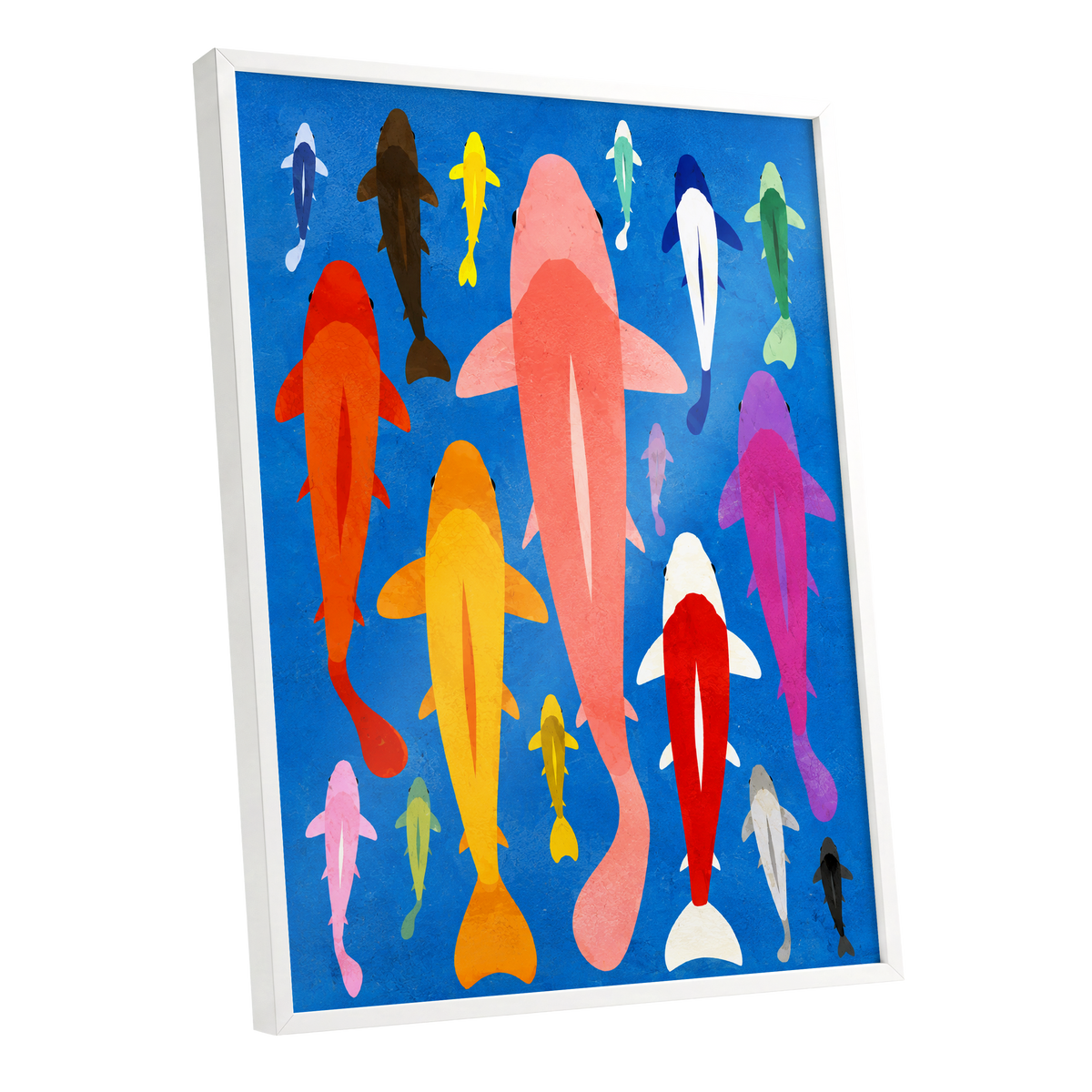 Chromatic Koi Parade, blue, pink, orange nature wall art shown as a white framed poster wall art print