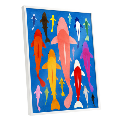 Chromatic Koi Parade, blue, pink, orange nature wall art shown as a white framed poster wall art print