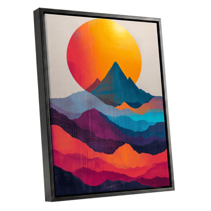 Chromatic Mountain Dawn, orange, blue, pink nature wall art shown as a black framed canvas wall art