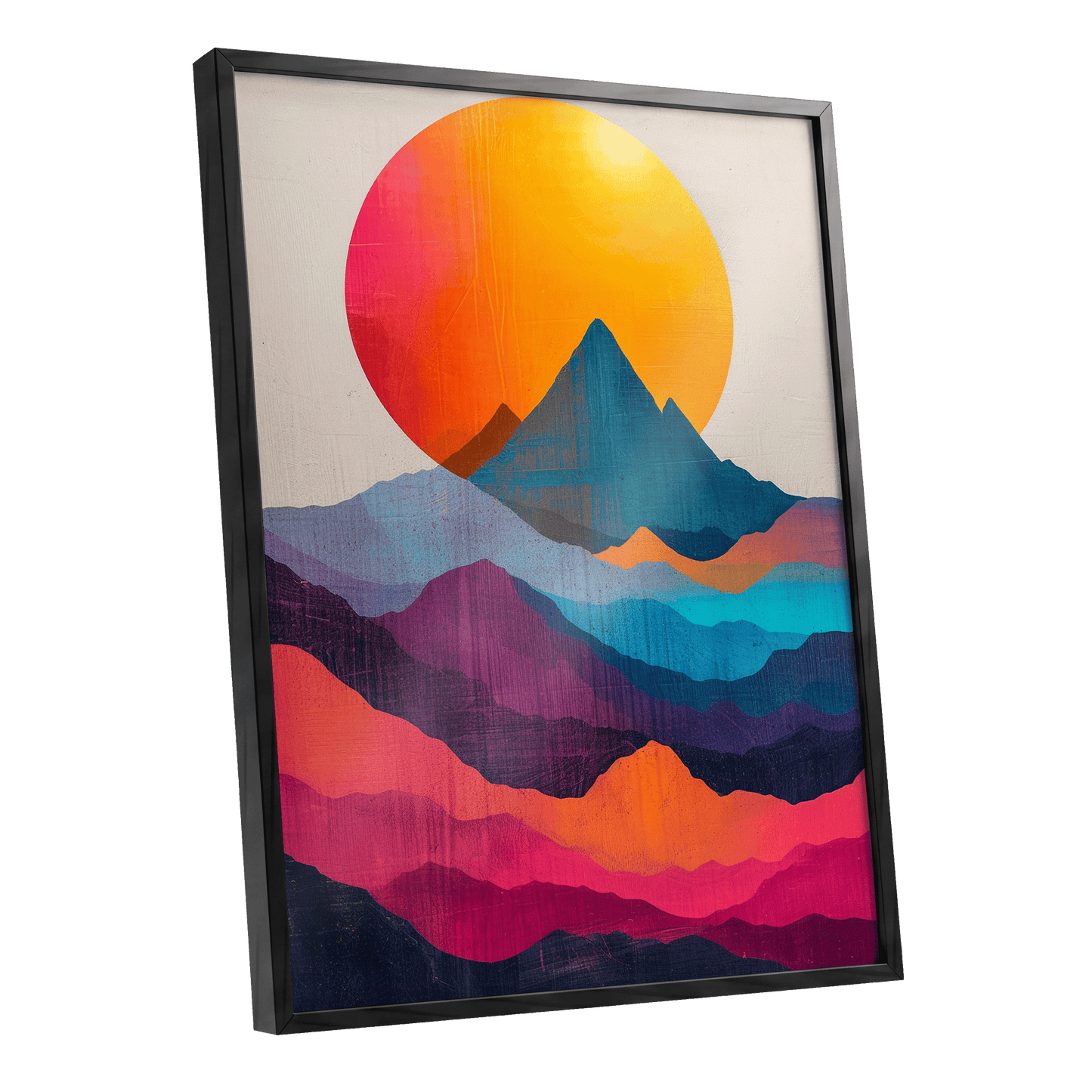 Chromatic Mountain Dawn, orange, blue, pink nature wall art shown as a black framed poster wall art print