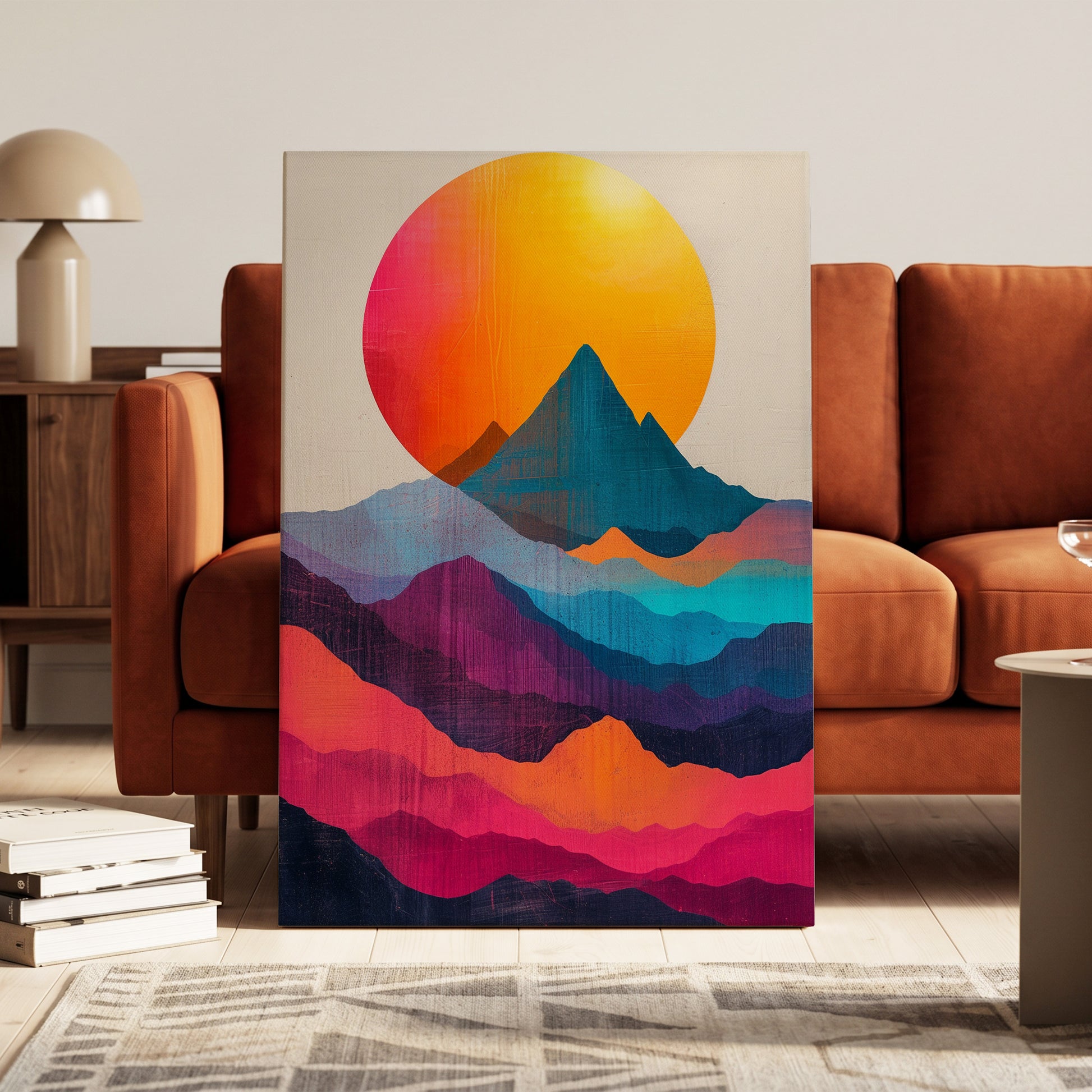 Chromatic Mountain Dawn, orange, blue, pink nature wall art on canvas displayed in a styled interior, gallery view 1