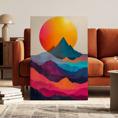 Chromatic Mountain Dawn, orange, blue, pink nature wall art on canvas displayed in a styled interior, gallery view 1