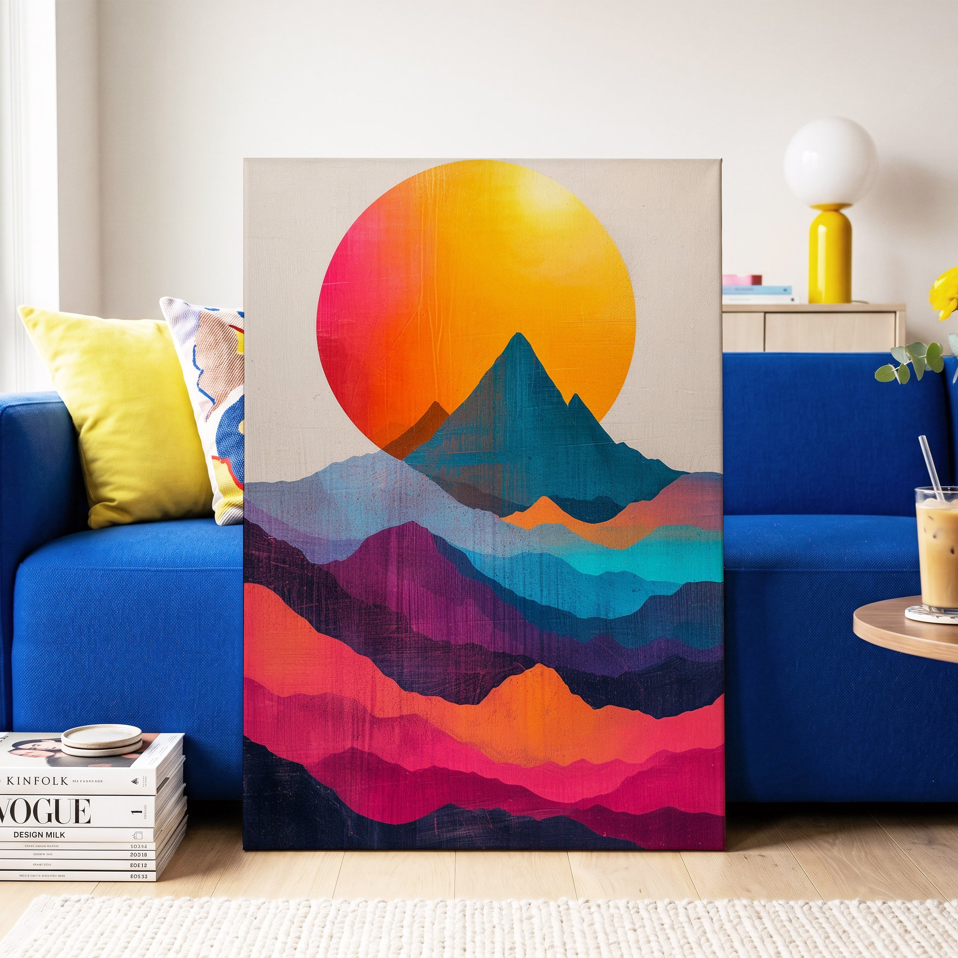 Chromatic Mountain Dawn, orange, blue, pink nature wall art on canvas displayed in a styled interior, gallery view 2