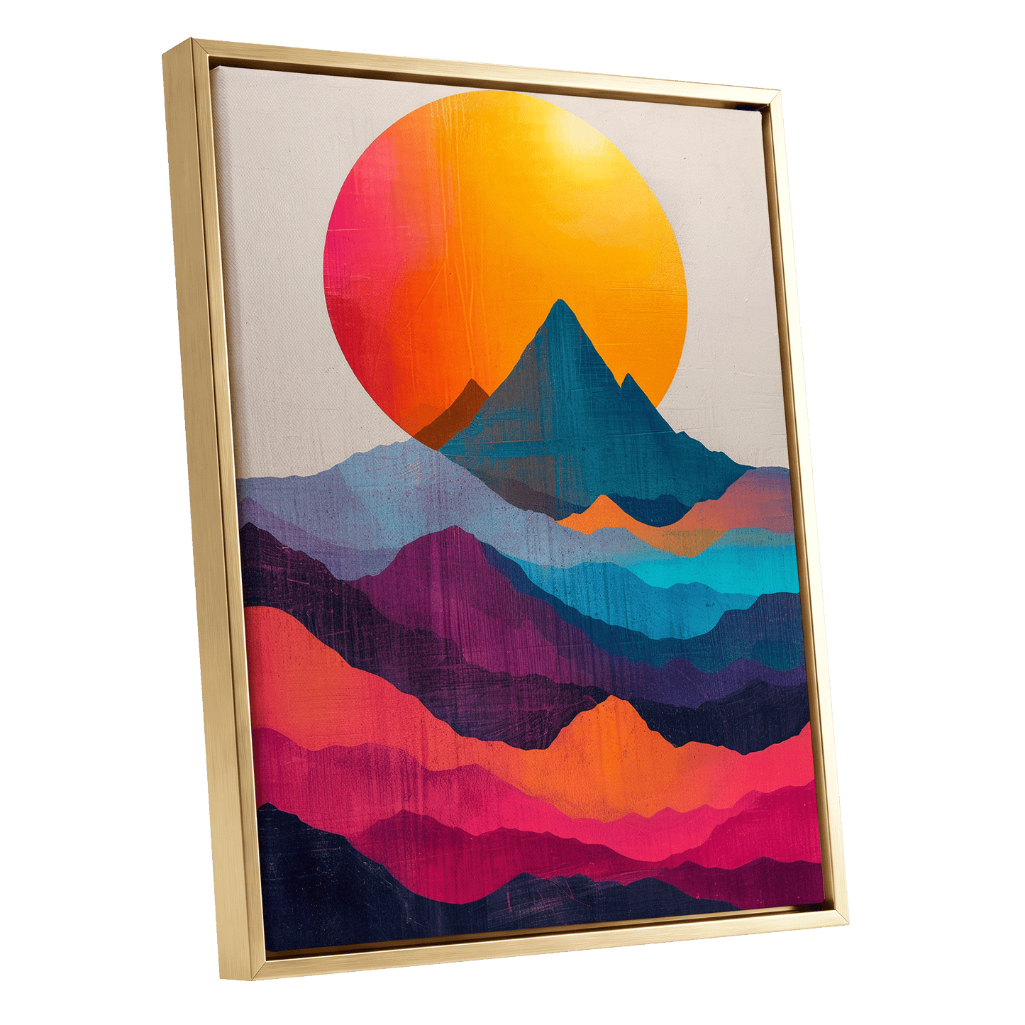 Chromatic Mountain Dawn, orange, blue, pink nature wall art shown as a gold framed canvas wall art