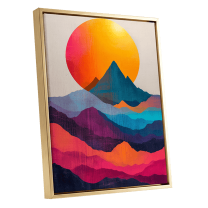 Chromatic Mountain Dawn, orange, blue, pink nature wall art shown as a gold framed canvas wall art