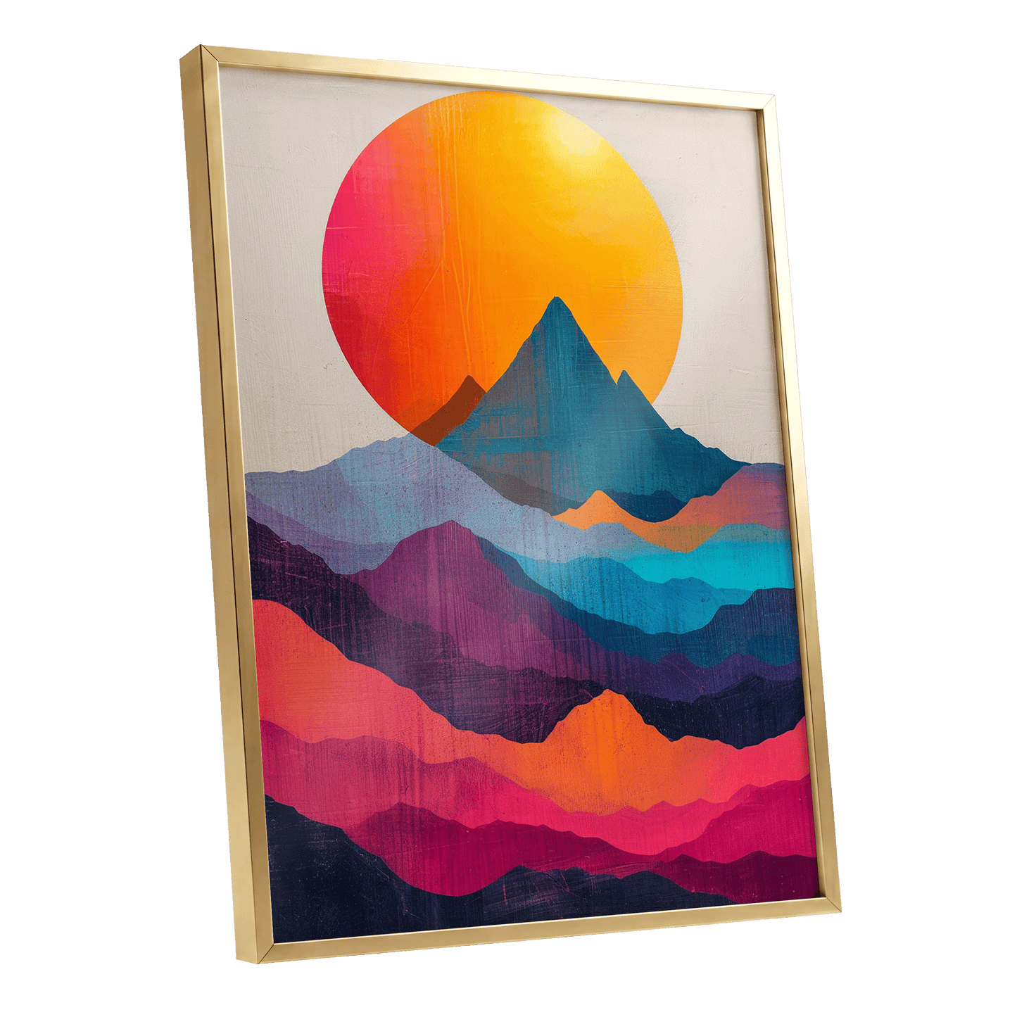 Chromatic Mountain Dawn, orange, blue, pink nature wall art shown as a gold framed poster wall art print