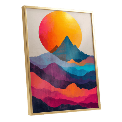Chromatic Mountain Dawn, orange, blue, pink nature wall art shown as a gold framed poster wall art print