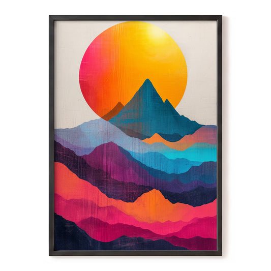 Chromatic Mountain Dawn, orange, blue, pink nature wall art, front artwork view